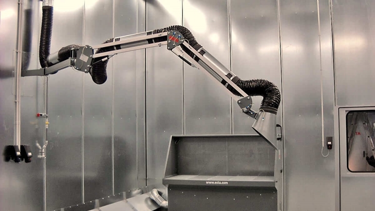 Binnenaanzicht afzuigcabine met afzuigarm